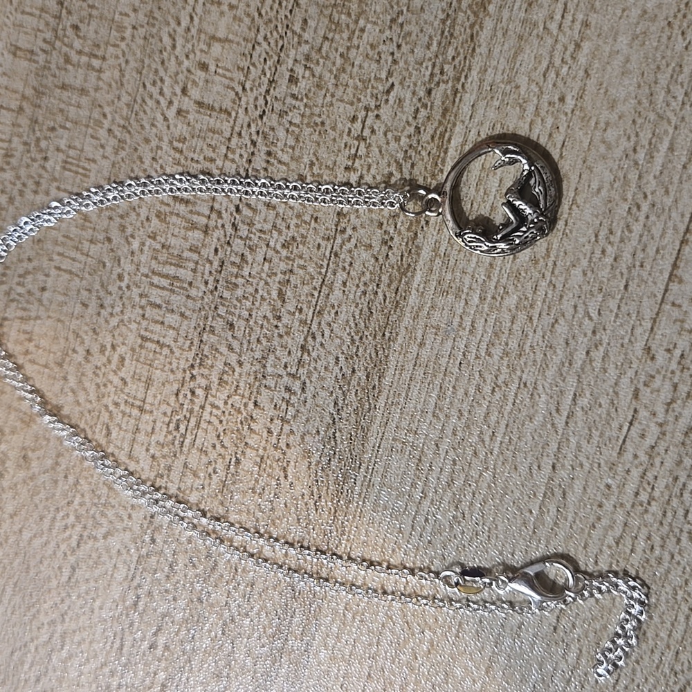 Vintage Mermaid Silver Tone Pendant Necklace- Beachy , Nautical